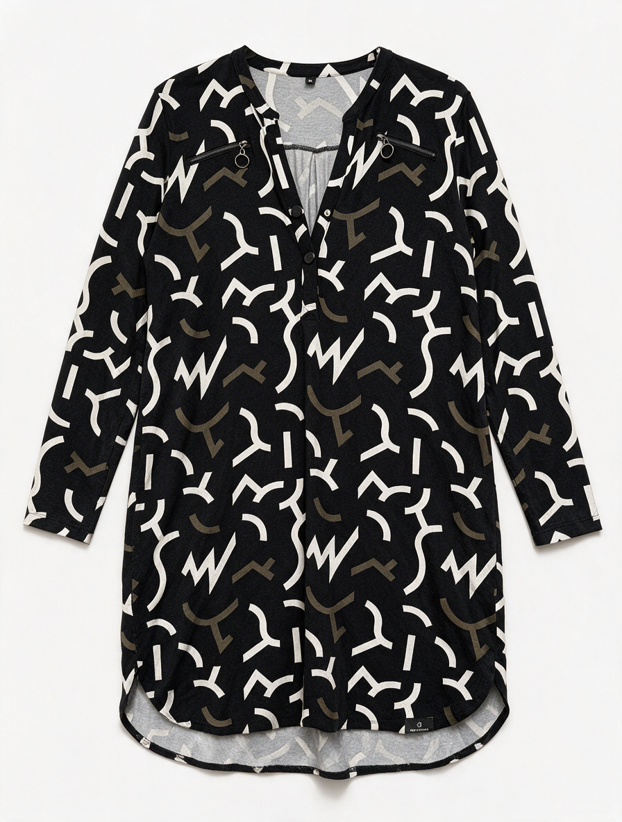 ZOSO - Tuniek - abstracte print, ritsdetails op de schouders, lange mouwen - M