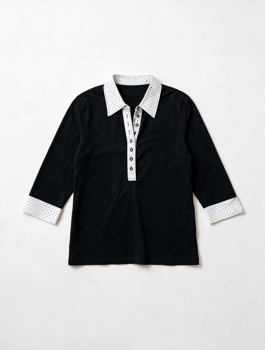 ERFO - Trui - zwart-wit, kraag met stippen, driekwart mouwen - XL