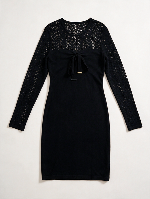 Caroline Biss - Jurk - zwart, gehaakt patroon, strikdetail - L
