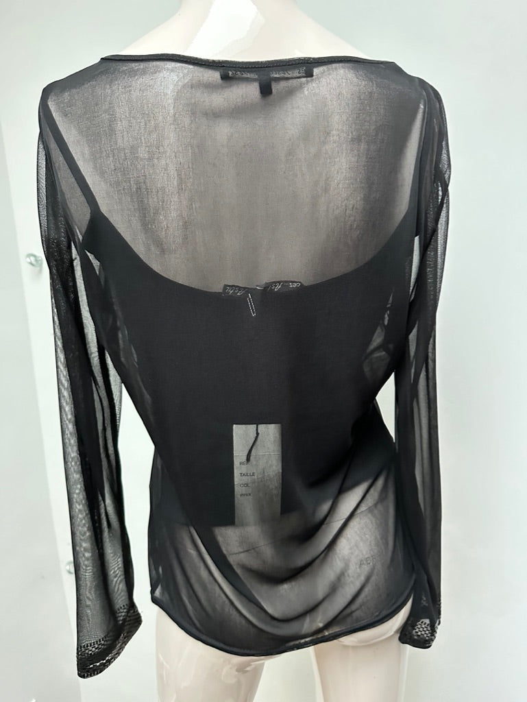 Blouse - zwart, transparante mesh, glitter rand - M