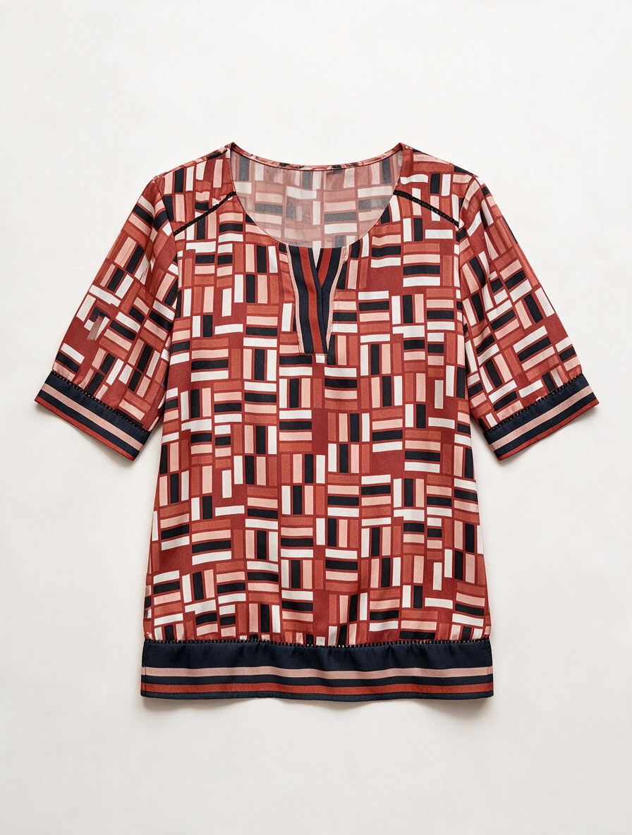 Mayerline Brussels - Blouse - geometrische print, rood/roze/wit/zwart, korte mouw - M