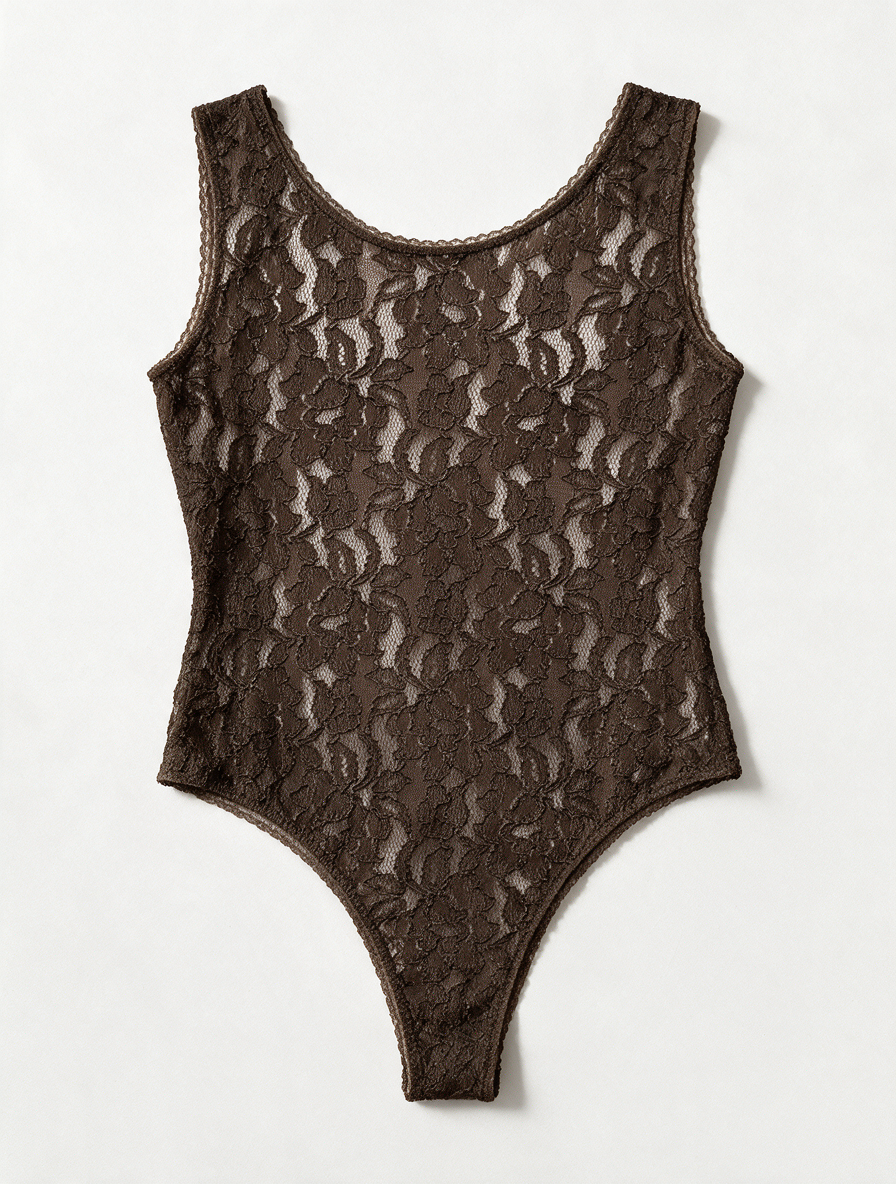 Orna Farho - Body - bruin, doorschijnend kant, bloemenmotief - M