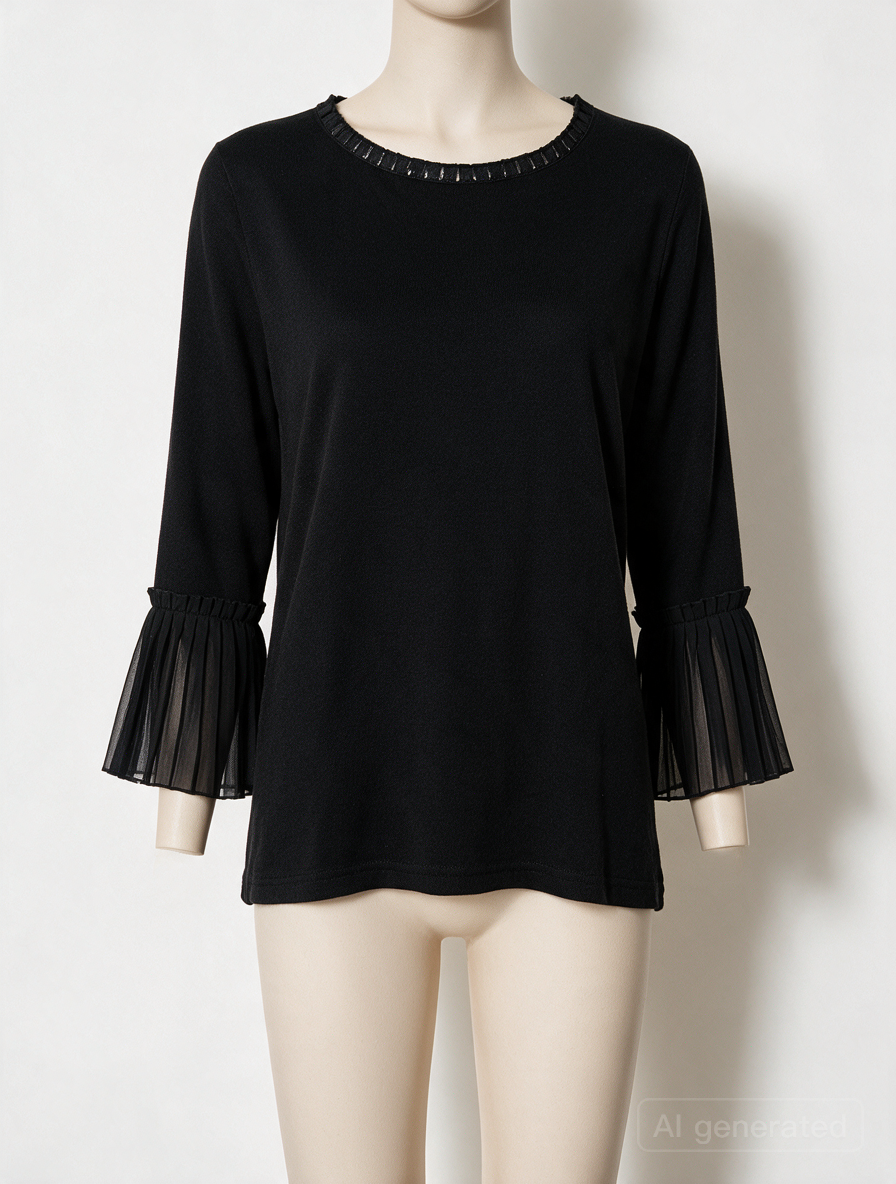 Mayerline - Blouse - donkerblauw, driekwartsmouwen, geplisseerde chiffon inzet - L