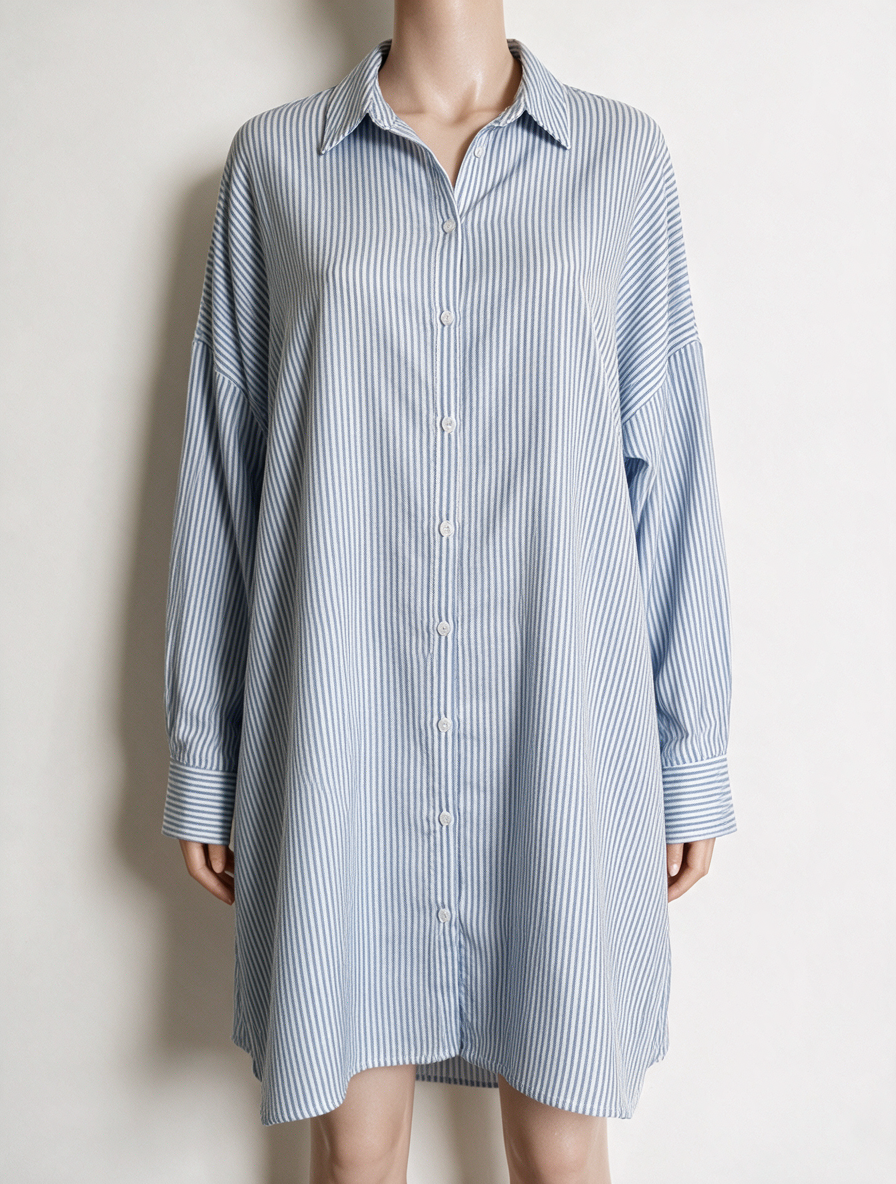 NOUS SOMMES LABELS - Jurk - blauw-wit gestreept, lange mouw, knoopsluiting voor - L