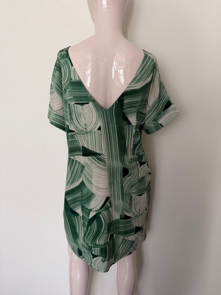 ESSENTIEL ANTWERP - Jurk - groen/beige, abstracte print, korte mouwen - L