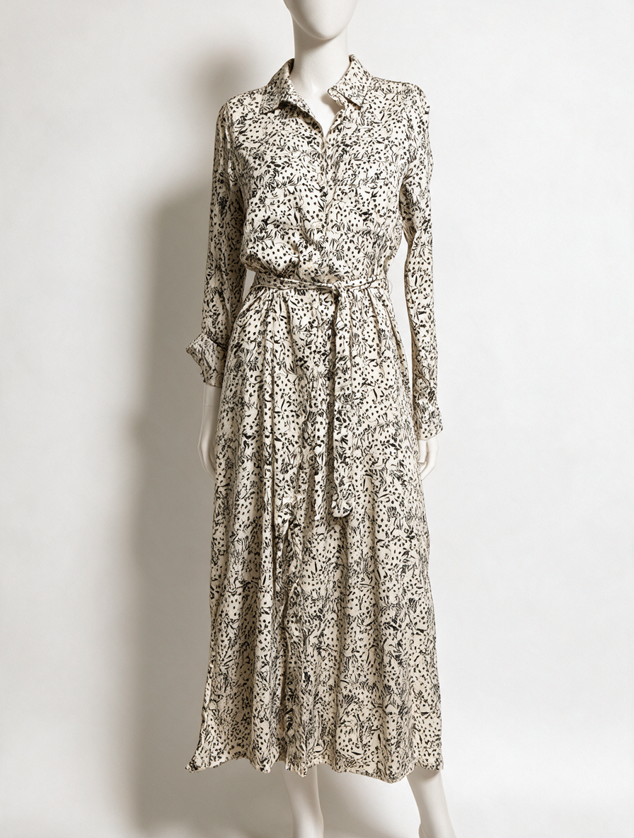 Second Female - Jurk - beige print, doorknoopsluiting, ceintuur - M