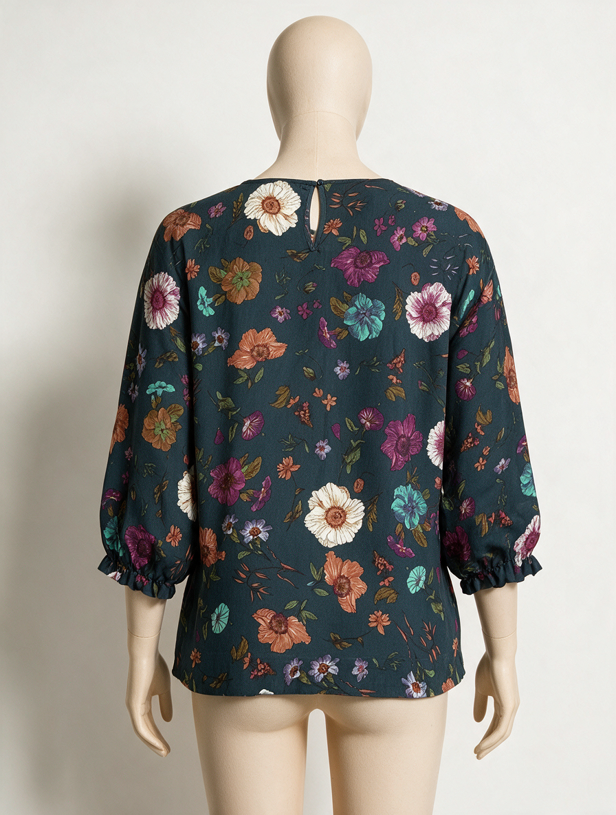 ESSENTIEL ANTWERP - Blouse - donkerblauw, all-over bloemenprint, ronde hals - L