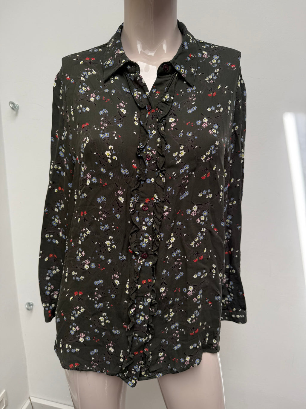 Essentiel Antwerp - Blouse - groen, bloemenprint, ruche - maat 40