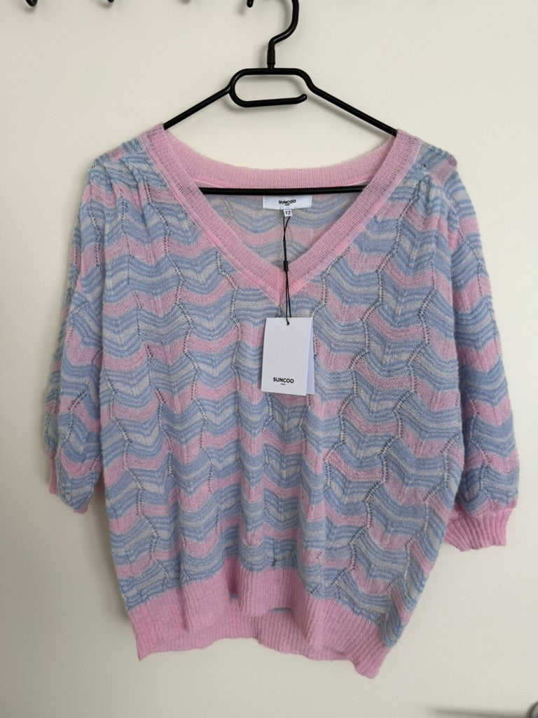 Suncoo - Trui - pastel roze/blauw, golfpatroon, V-hals - maat M