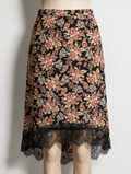 ESQUALO - Rok - zwart met bloemenprint, kanten zoom, midi lengte - 42
