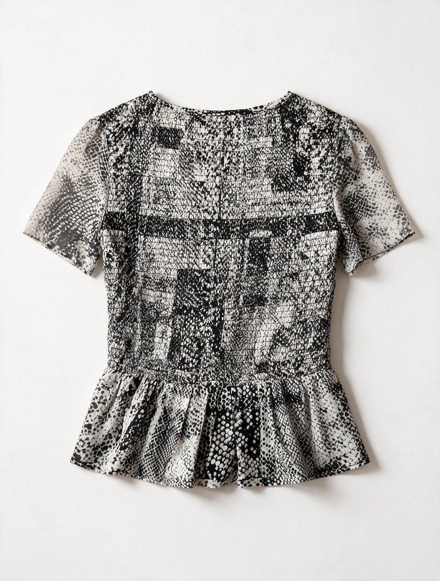 Karen Millen - Blouse - zwart-wit dierenprint, korte mouwen, gesmockte taille - S