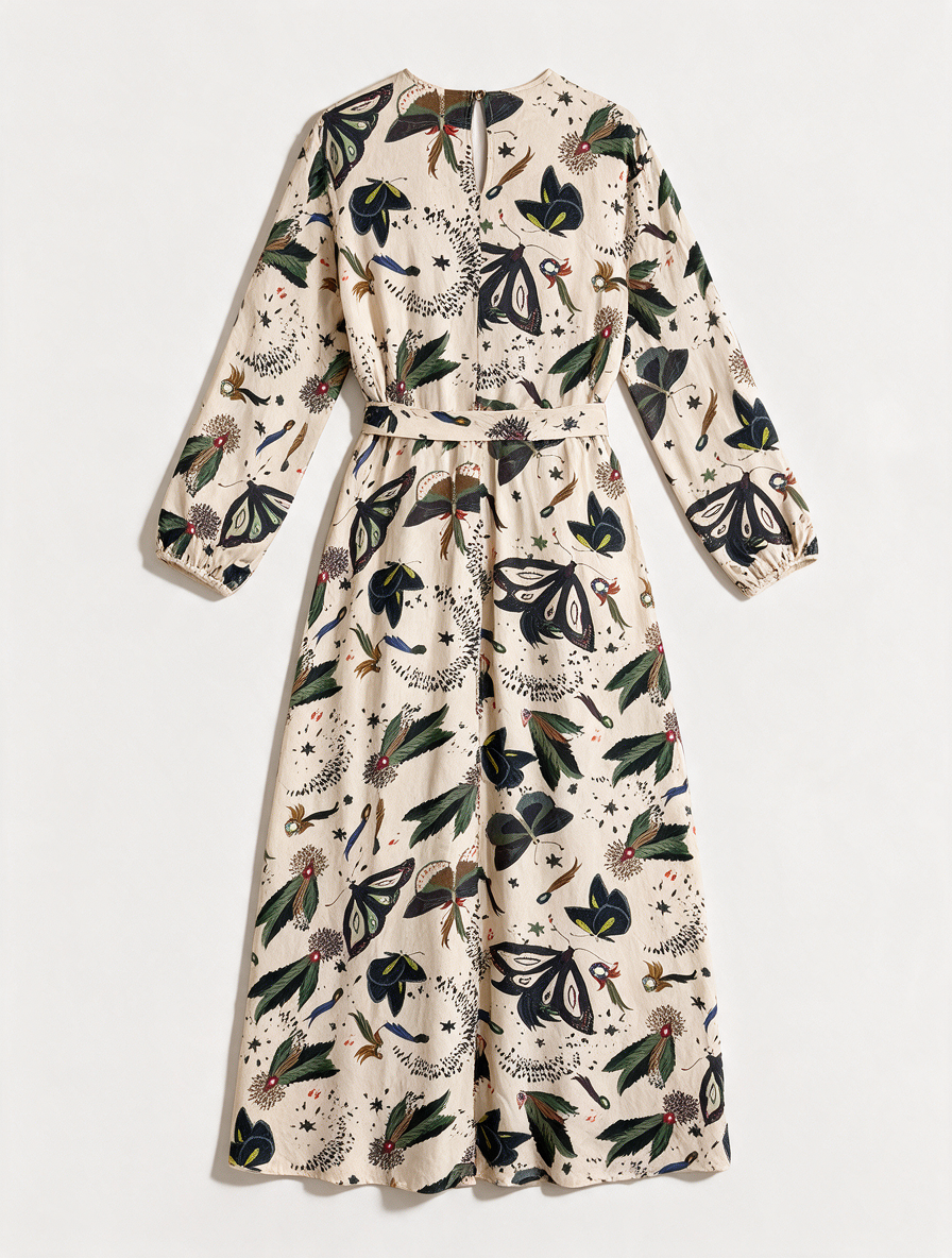 POM Amsterdam by Katja - Jurk - maxi-lengte, natuurprint, ceintuur in de taille - M