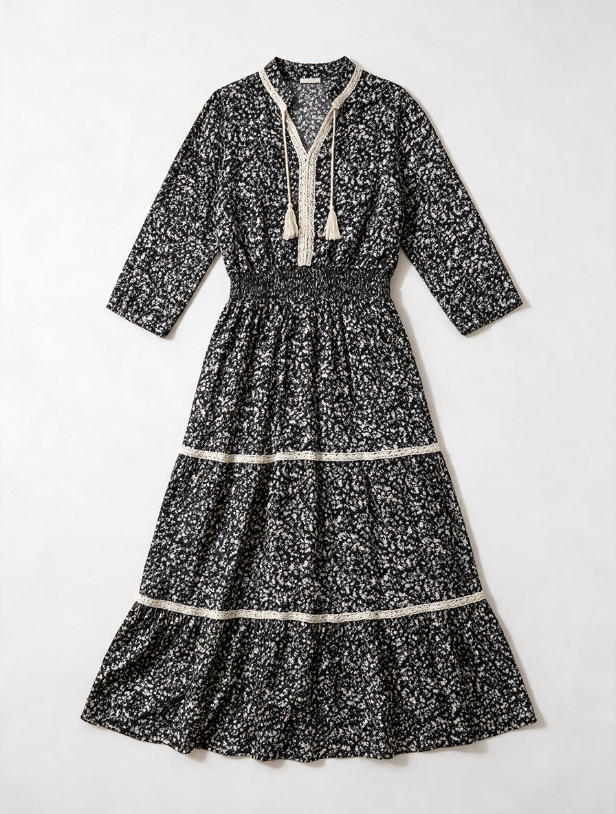 Geisha - Jurk - zwart-wit bloemenprint, maxi-lengte, V-hals met koordsluiting - S