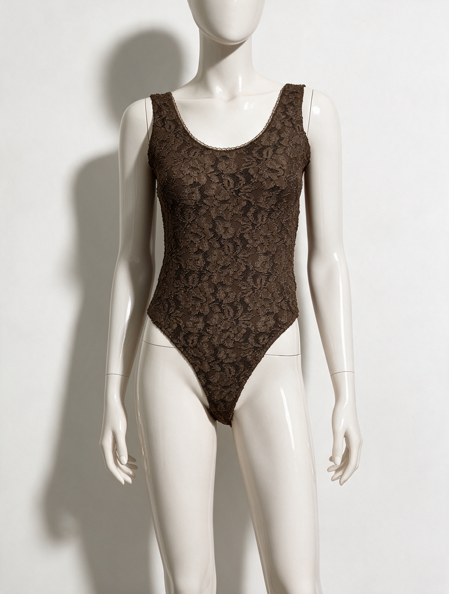 Orna Farho - Body - bruin, doorschijnend kant, bloemenmotief - M
