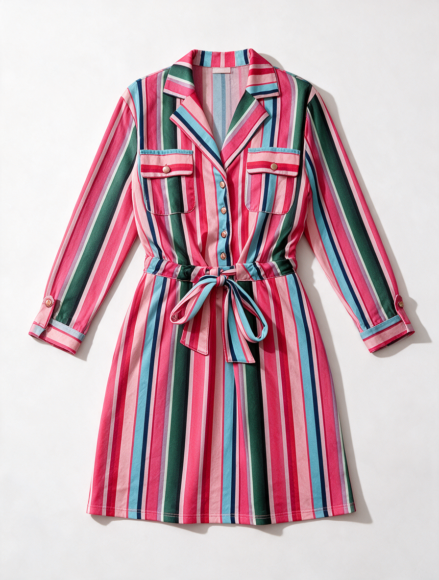 K Design - Jurk - gestreept, knoopsluiting voor, ceintuur maat S