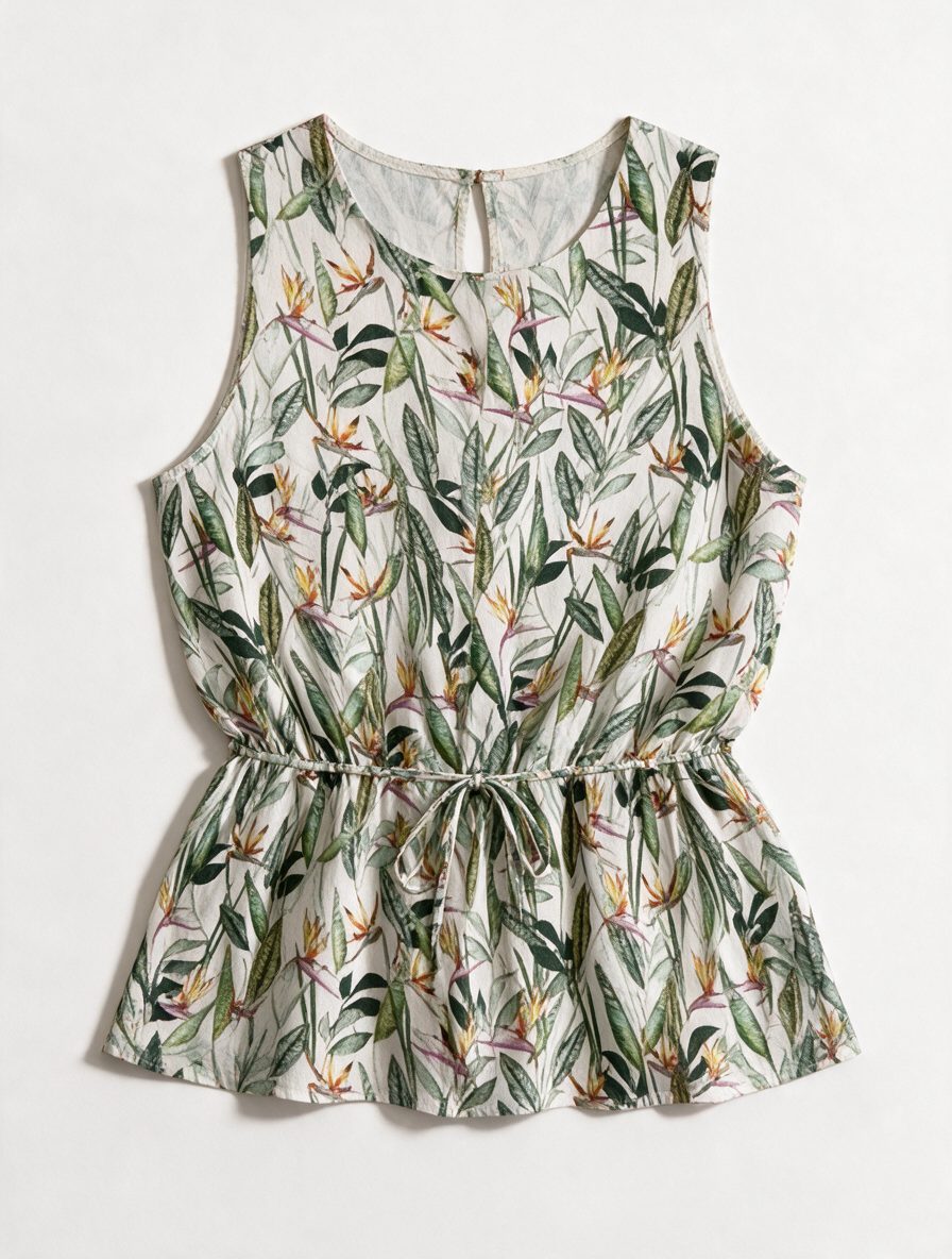 ESPRIT - Top - tropische bloemen- en bladerenprint, mouwloos, getailleerde taille - S