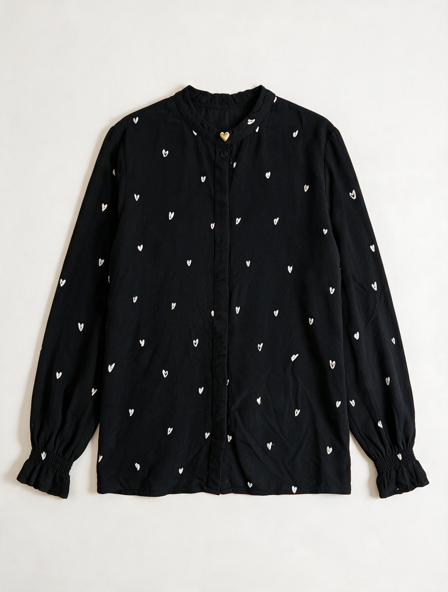 Fabienne Chapot - Blouse - zwart-wit, hartjesprint, opstaande kraag - L
