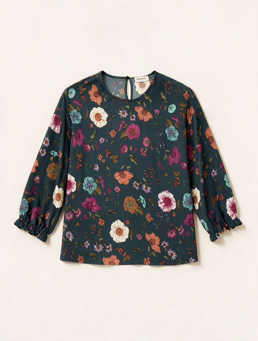ESSENTIEL ANTWERP - Blouse - donkerblauw, all-over bloemenprint, ronde hals - L
