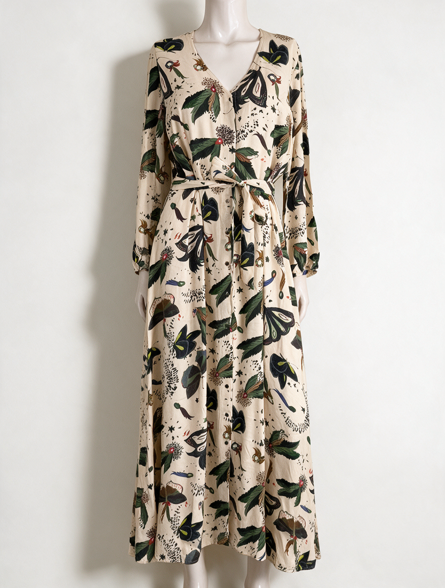 POM Amsterdam by Katja - Jurk - maxi-lengte, natuurprint, ceintuur in de taille - M