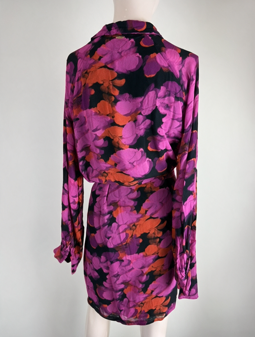 POM Amsterdam - Jurk - paars/roze/rood, abstracte print, ceintuur - M