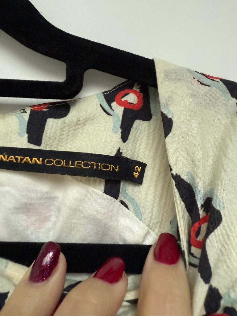 Natan Collection - Jurk - crème/zwart/rood, abstract patroon, mouwloos - M
