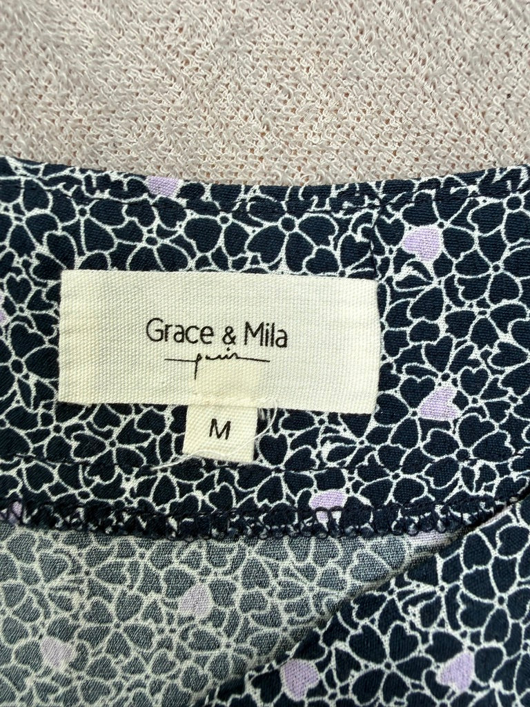 Grace & Mila - Rok - zwart-wit bloemenpatroon, asymmetrische knopenrij, midi-lengte - M