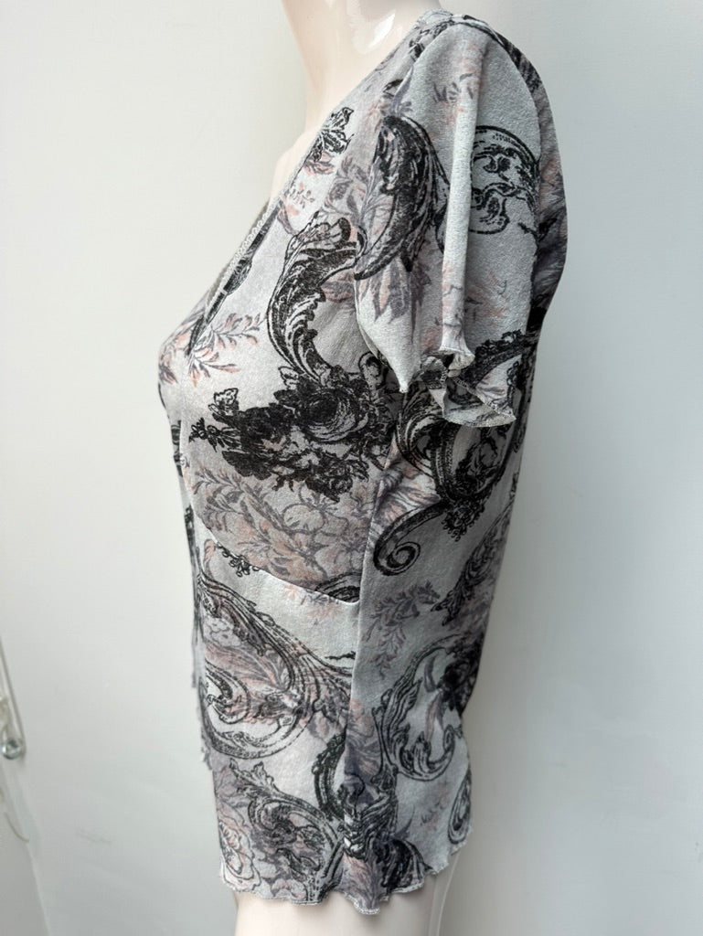 Bandolera - Top - grijs/roze, V-hals met kantafwerking, all-over print - L