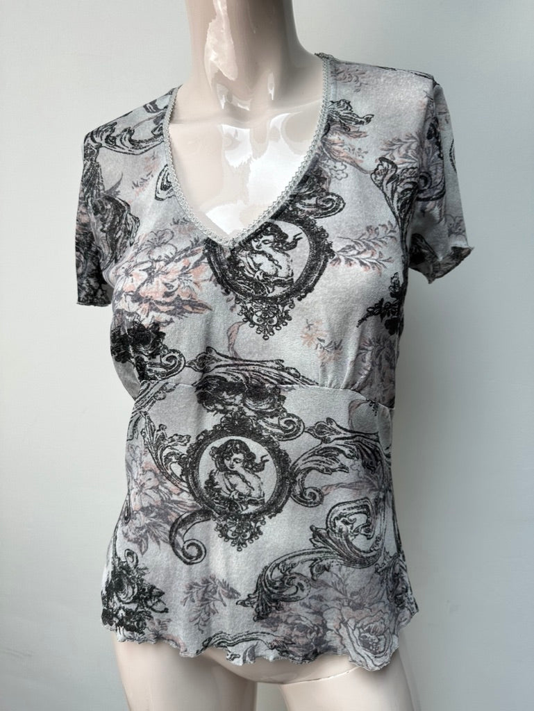 Bandolera - Top - grijs/roze, V-hals met kantafwerking, all-over print - L