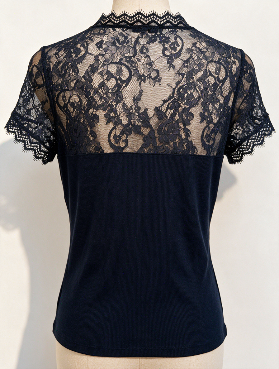 Morgan - T-shirt - donkerblauw, kant met bloemenpatroon, V-hals - XL