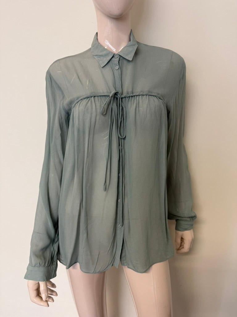 Second Female - Blouse - groen, striklint in de taille, licht doorschijnend - M