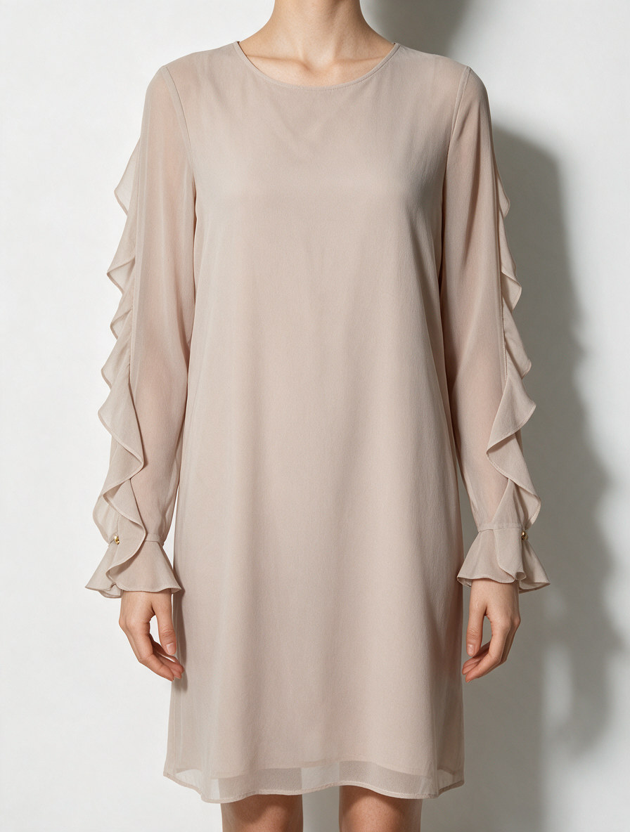 TWIN-SET Simona Barbieri - Jurk - beige, lange mouwen, rimpeldetail - M