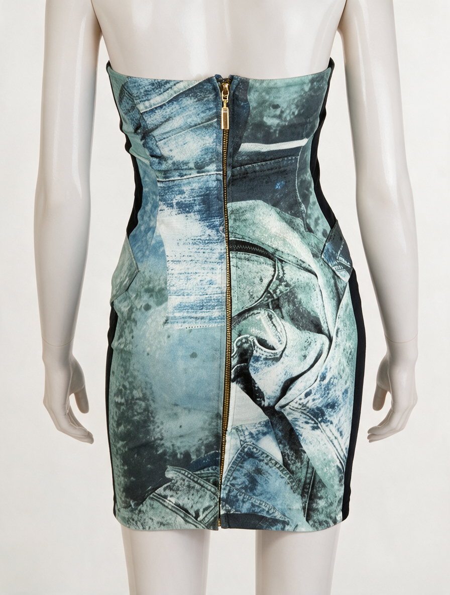 Just Cavalli - Jurk - blauw, denimprint, strapless - XS