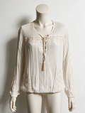 Summum Woman - Blouse - crème, geborduurd bloemmotief, vetersluiting - S