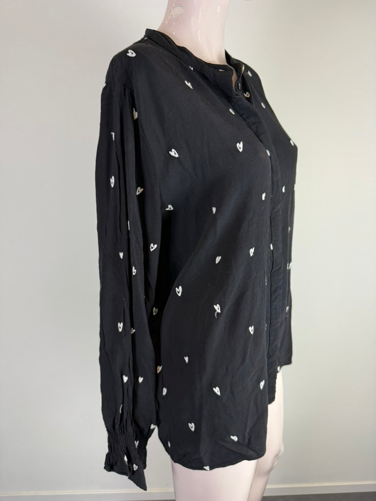Fabienne Chapot - Blouse - zwart-wit, hartjesprint, opstaande kraag - L