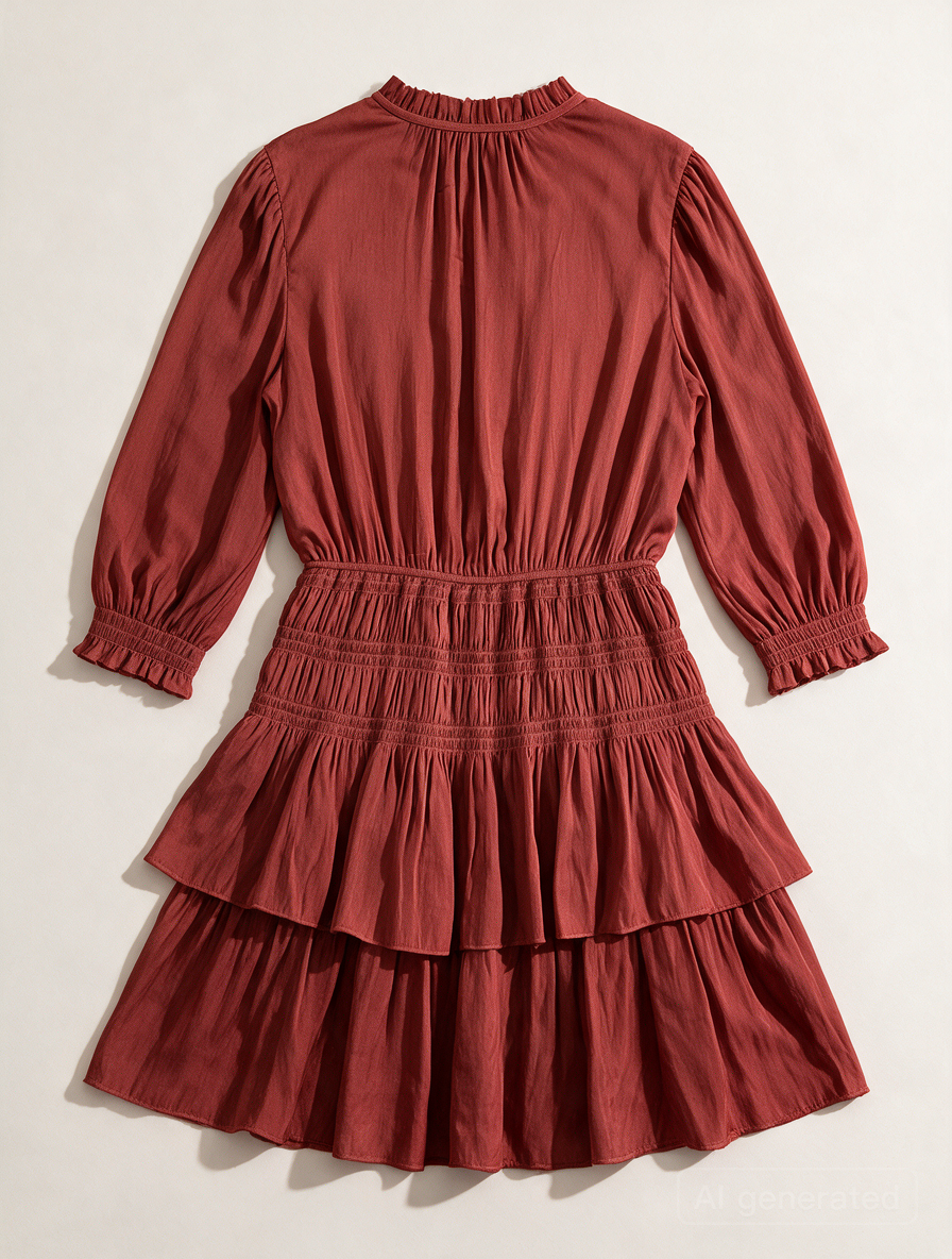 Maje - Jurk - roestrood, V-hals met ruches, gesmockte taille - M