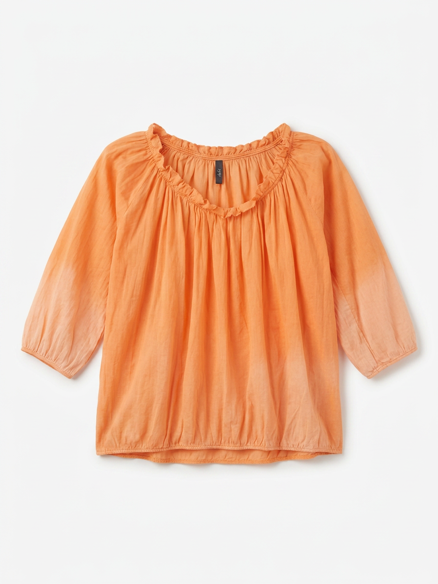 No.lita Blouse - oranje, ruffle bij hals, driekwart mouw maat M/L
