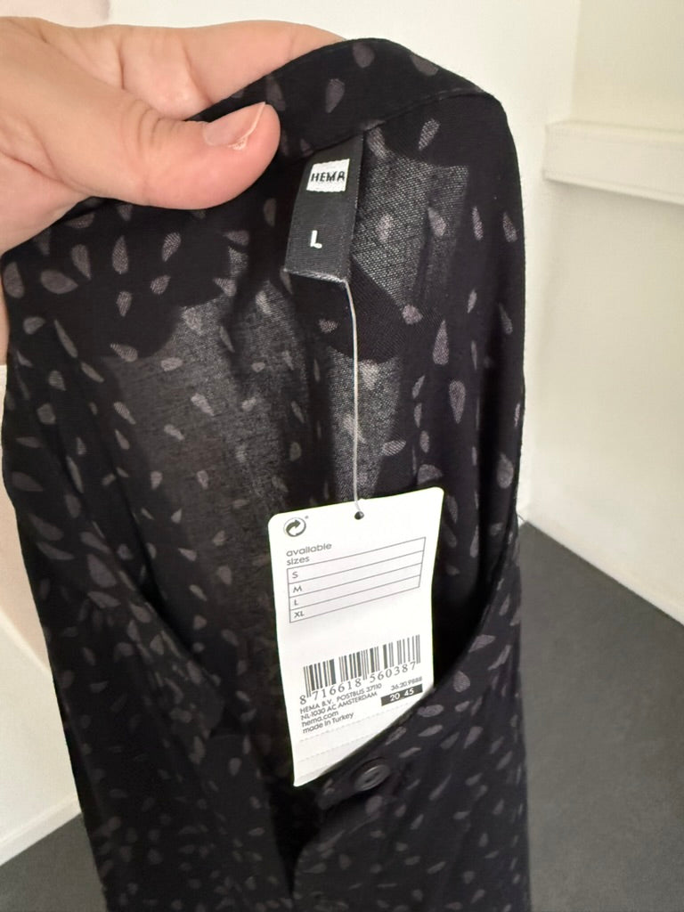 HEMA - Jurk - zwart, bladmotief, knoopsluiting voor - L
