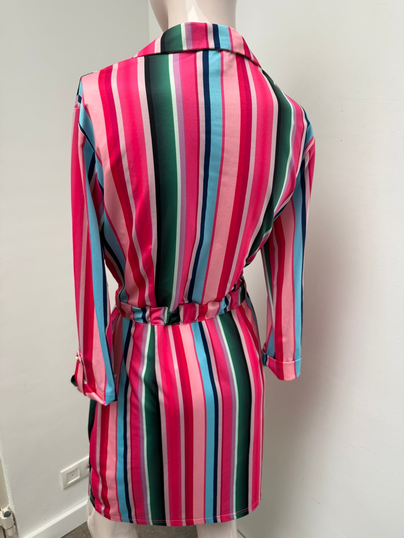 K Design - Jurk - gestreept, knoopsluiting voor, ceintuur maat S