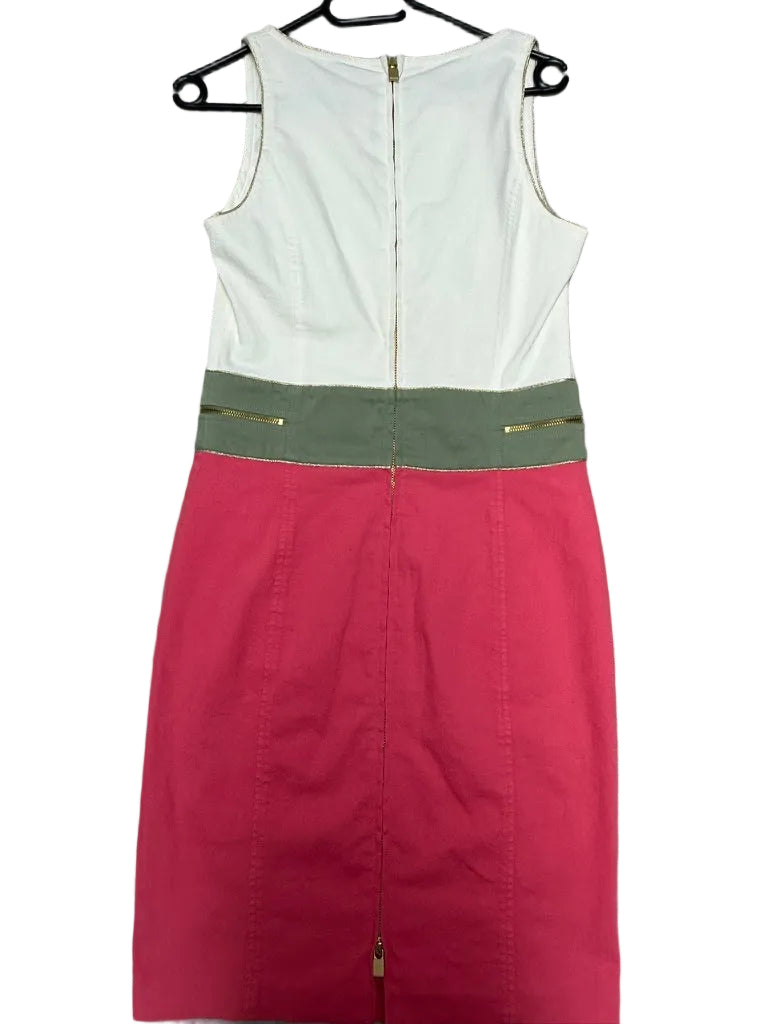 Caroline Biss Jurk Maat 36 – Colorblock Kokerjurk Wit Roze Groen met Gouden Details