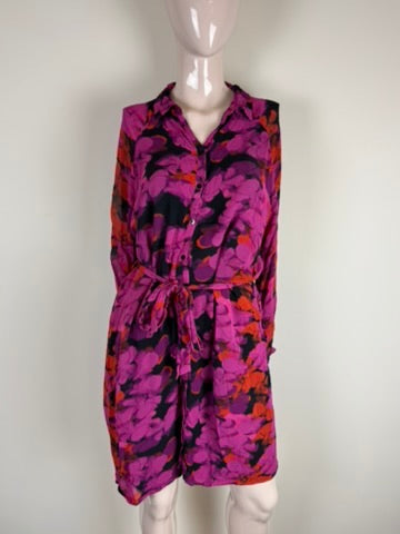 POM Amsterdam - Jurk - paars/roze/rood, abstracte print, ceintuur - M