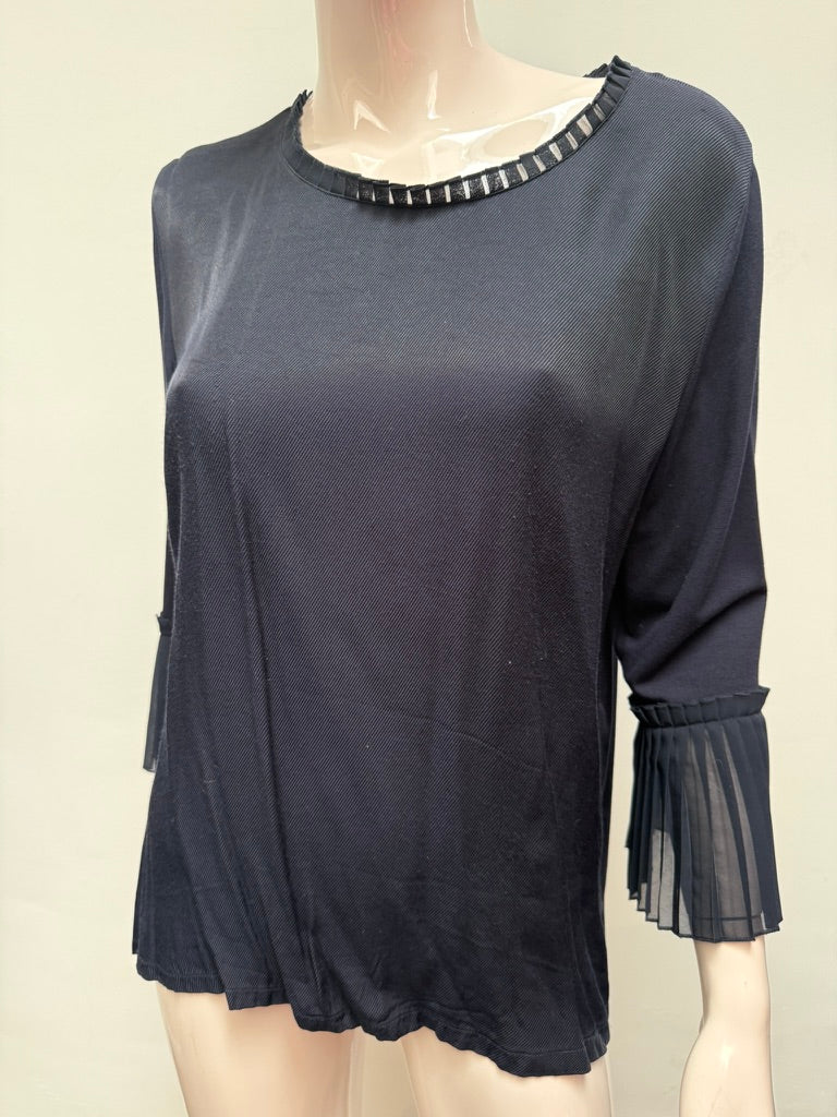 Mayerline - Blouse - donkerblauw, driekwartsmouwen, geplisseerde chiffon inzet - L