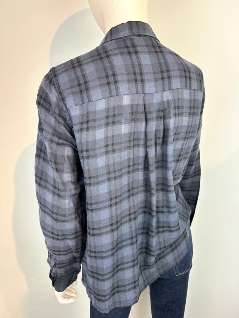 Pomandère - Blouse - grijs-blauw ruitpatroon, 100% katoen, volledige knoopsluiting - IT44 - NL40