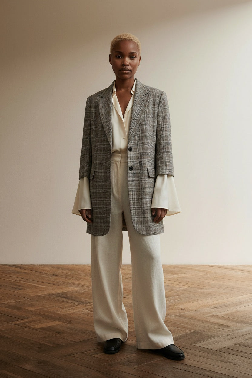 Full body view of the model wearing Purdey Blazer maat 42 Bruin met een ruitpatroon