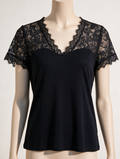 Morgan - T-shirt - donkerblauw, kant met bloemenpatroon, V-hals - XL