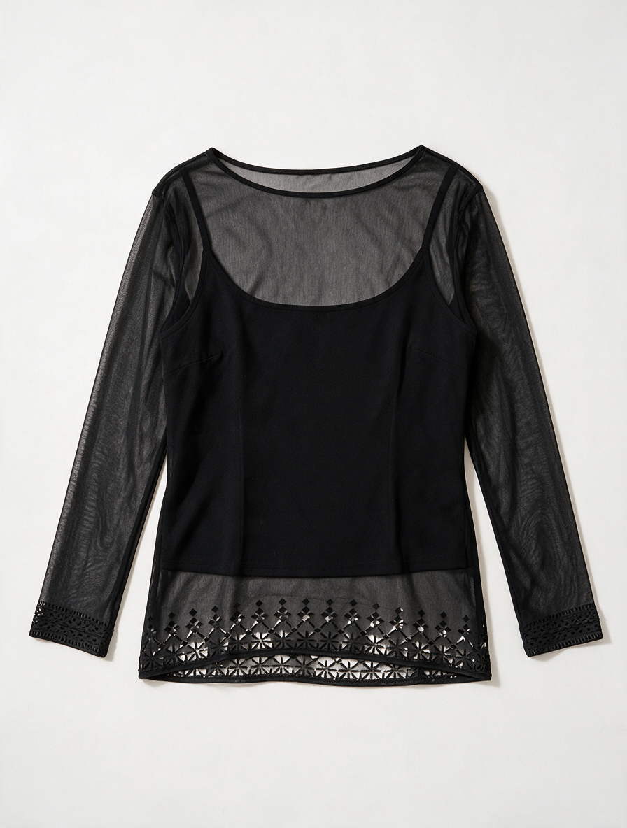 Blouse - zwart, transparante mesh, glitter rand - M