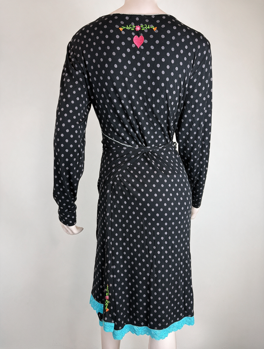 Tante Betsy - Jurk - overslag, zwart met grijze stippen, turquoise kanten zoom - L
