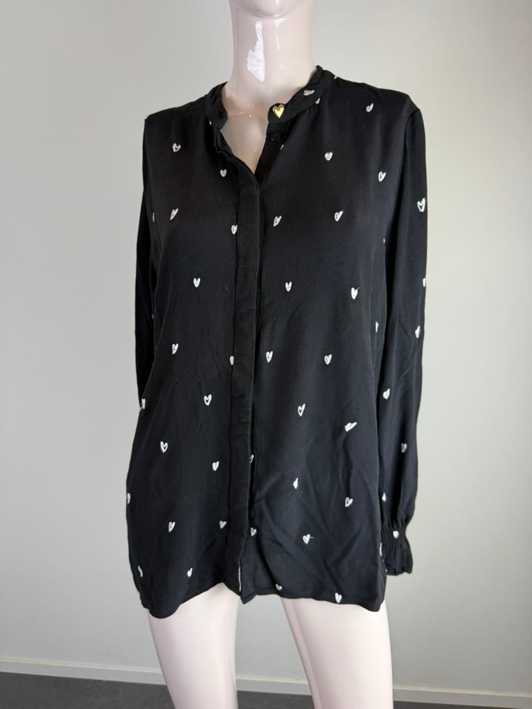 Fabienne Chapot - Blouse - zwart-wit, hartjesprint, opstaande kraag - L
