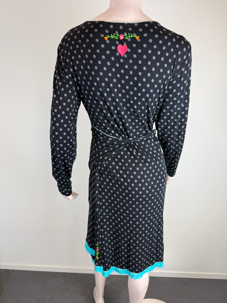 Tante Betsy - Jurk - overslag, zwart met grijze stippen, turquoise kanten zoom - L