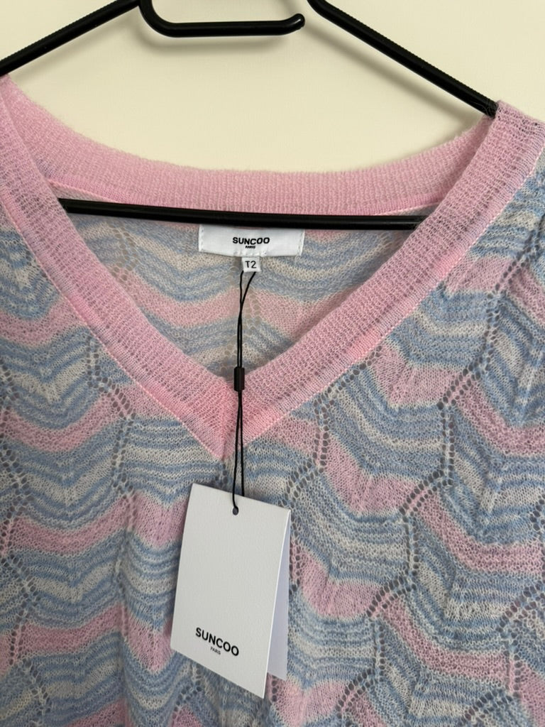 Suncoo - Trui - pastel roze/blauw, golfpatroon, V-hals - maat M