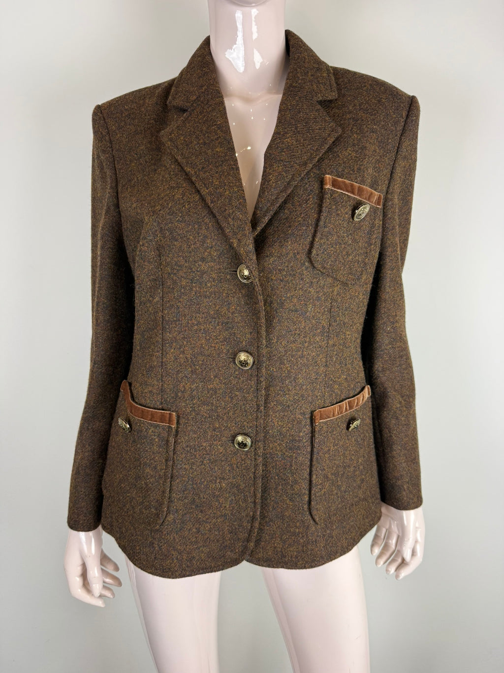 Vintage wollen tweed blazer - scheerwol, bruin gemêleerd, suède accenten - XL